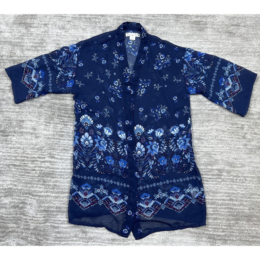 Knitworks Kimono Cardigan Girls 8 Navy Blue Floral Sheer Open Front Boho Chiffon